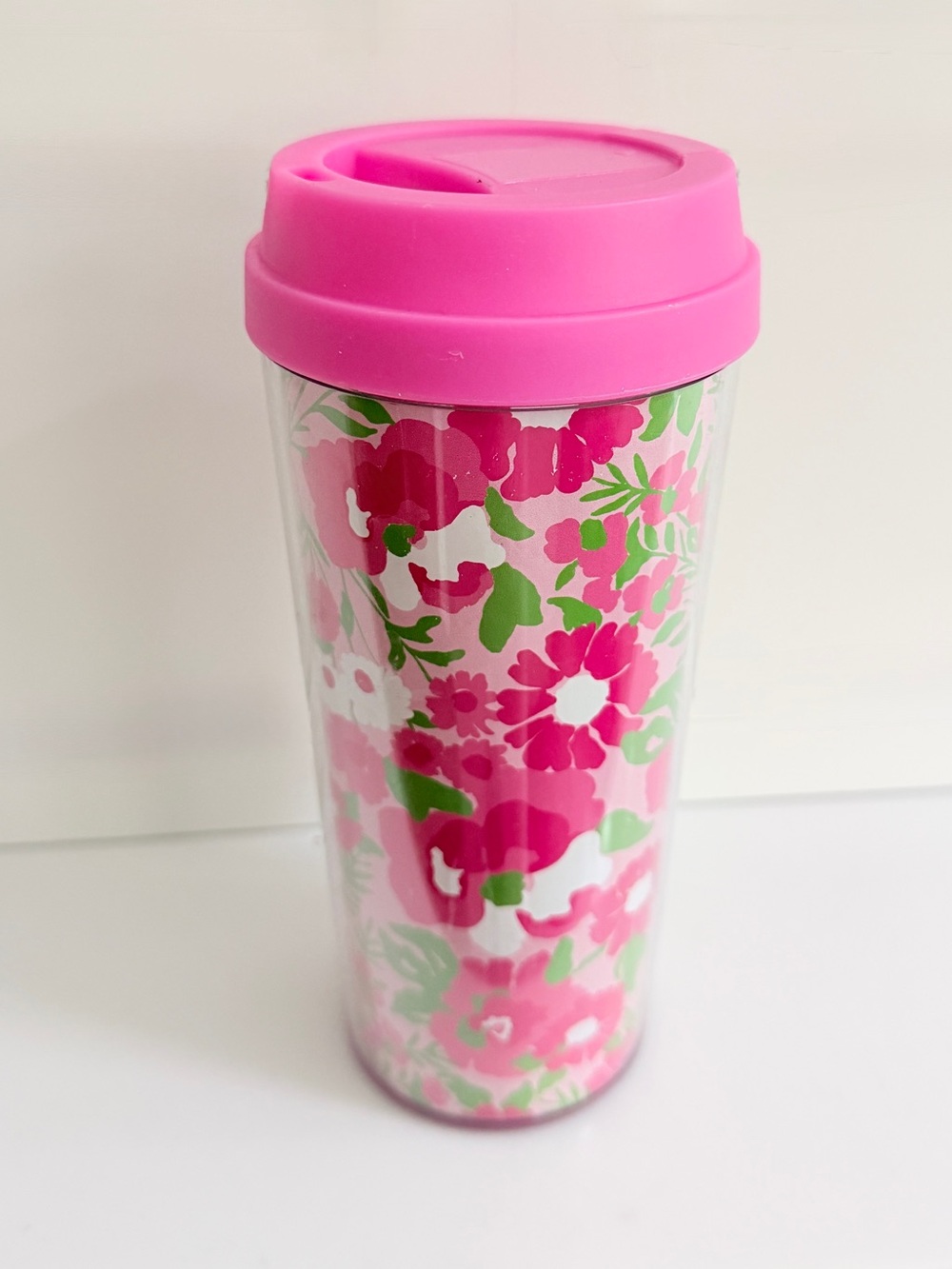 Lilly Pulitzer Floral Travel Tumbler Mug pink green double wall insulated 16 oz